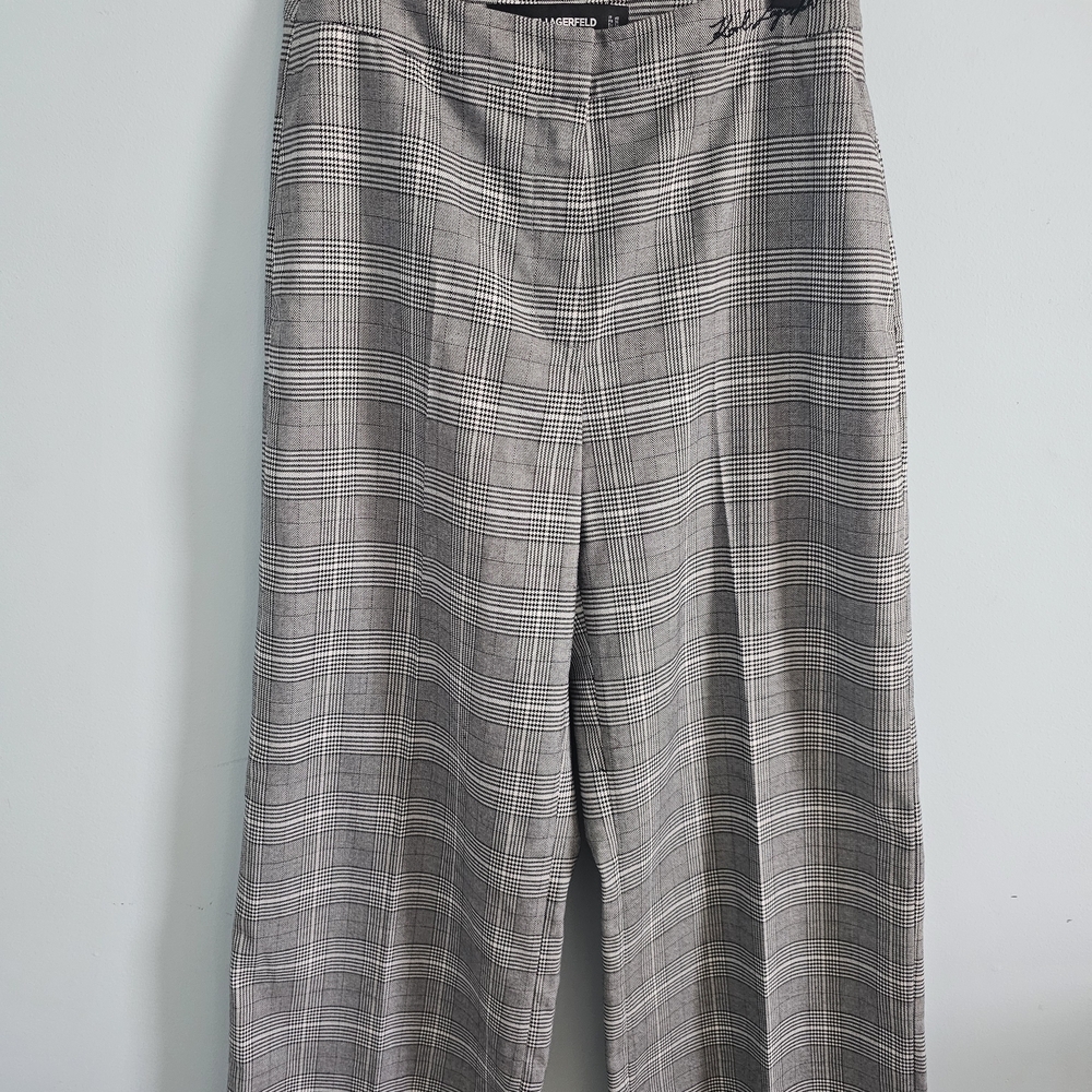 Karl Lagerfeld Black Plaid Wide Leg Pants W/ Embroidered Signature Size 4